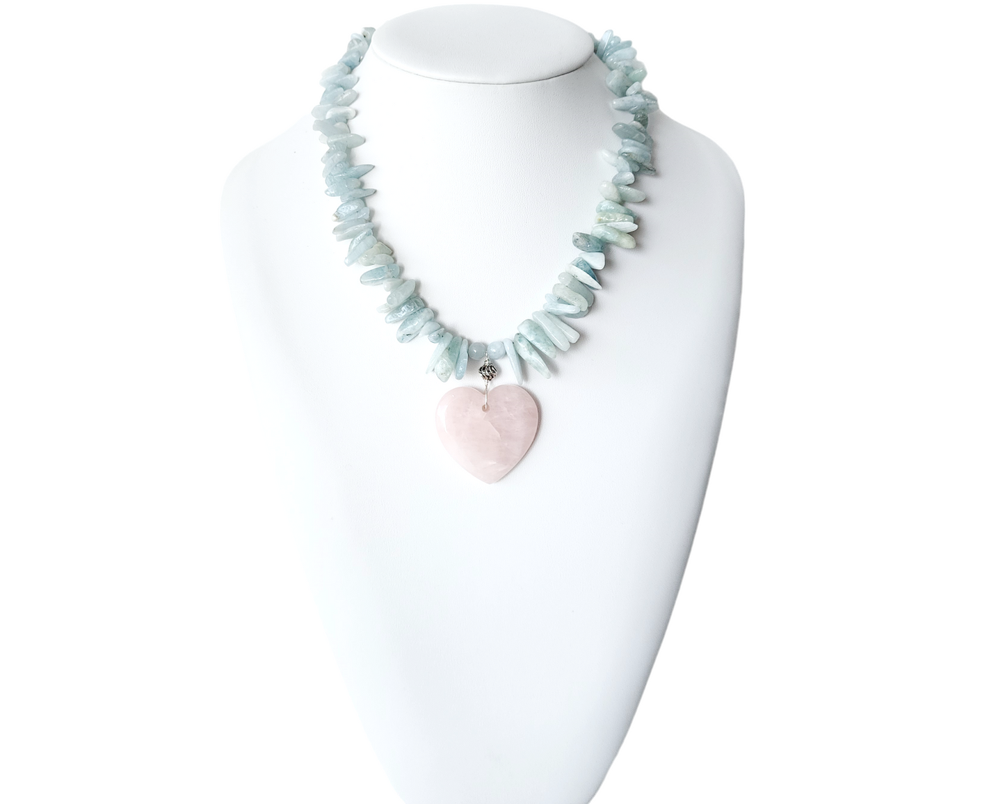 Aquamarine Beaded Necklace with large pale pink Rose Quarts Heart Pendant