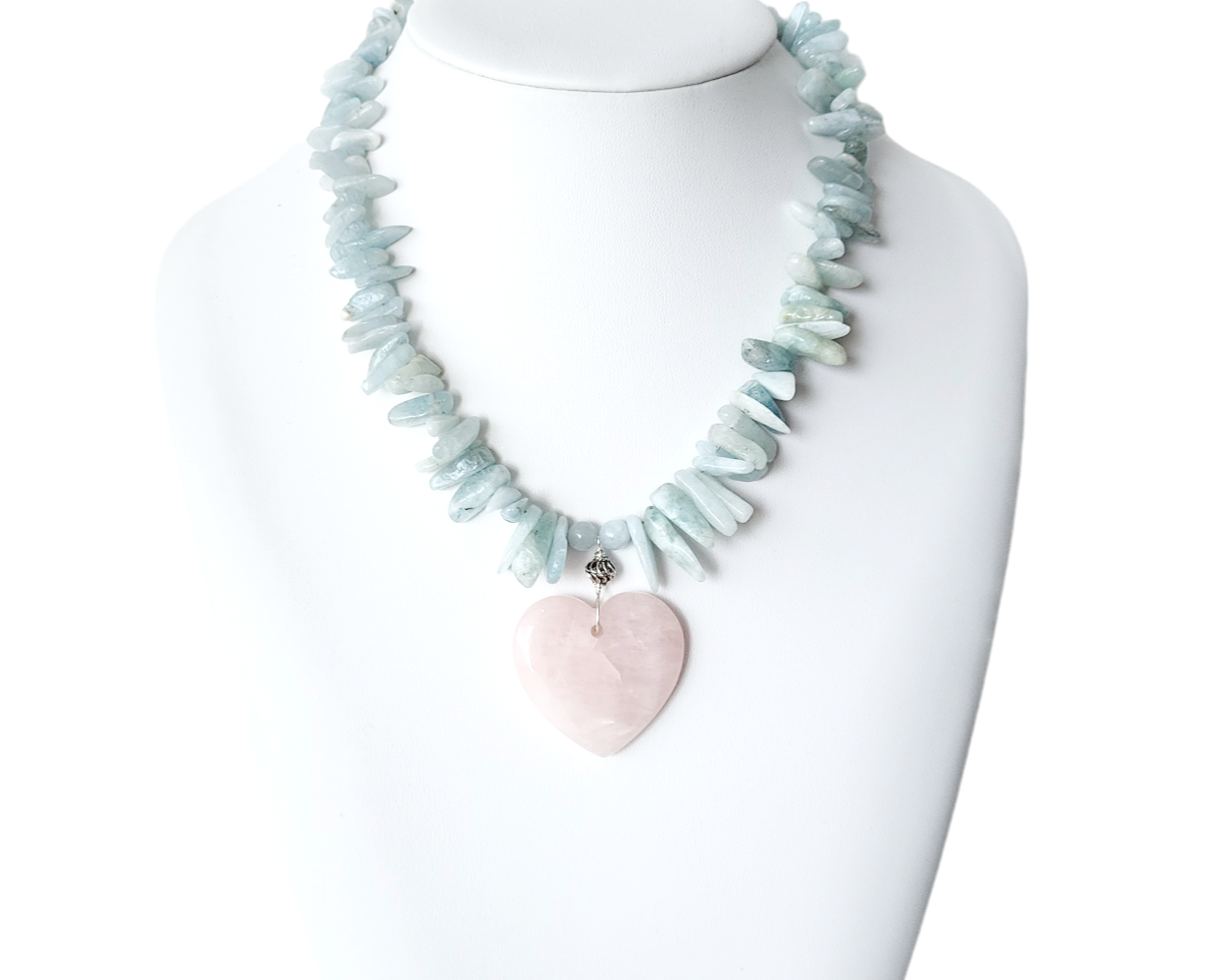 Aquamarine Beaded Necklace with large pale pink Rose Quarts Heart Pendant