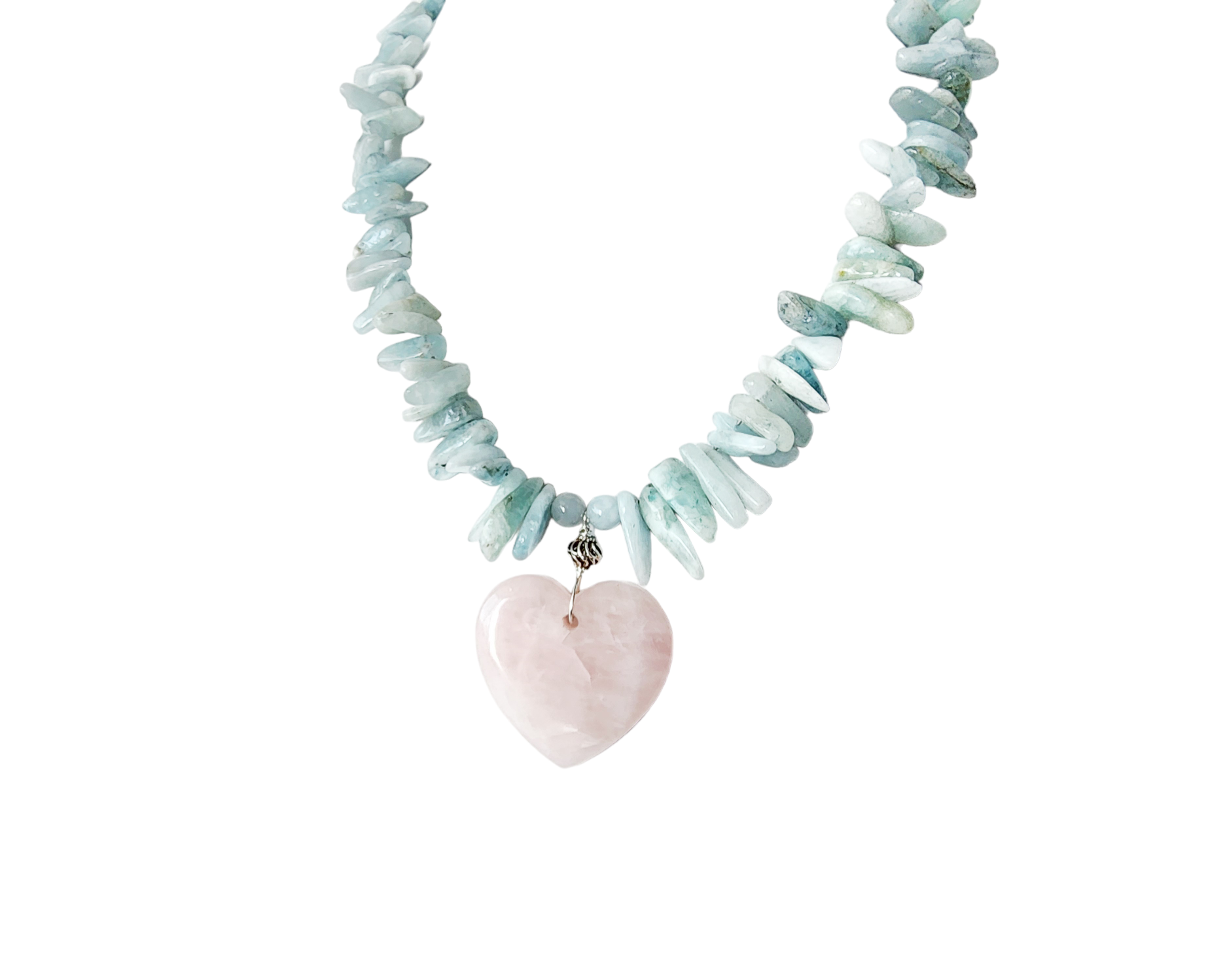 Aquamarine Beaded Necklace with large pale pink Rose Quarts Heart Pendant