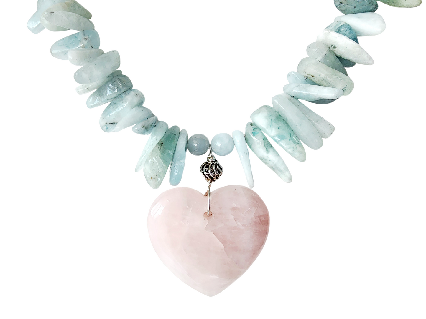 Aquamarine Beaded Necklace with large pale pink Rose Quarts Heart Pendant