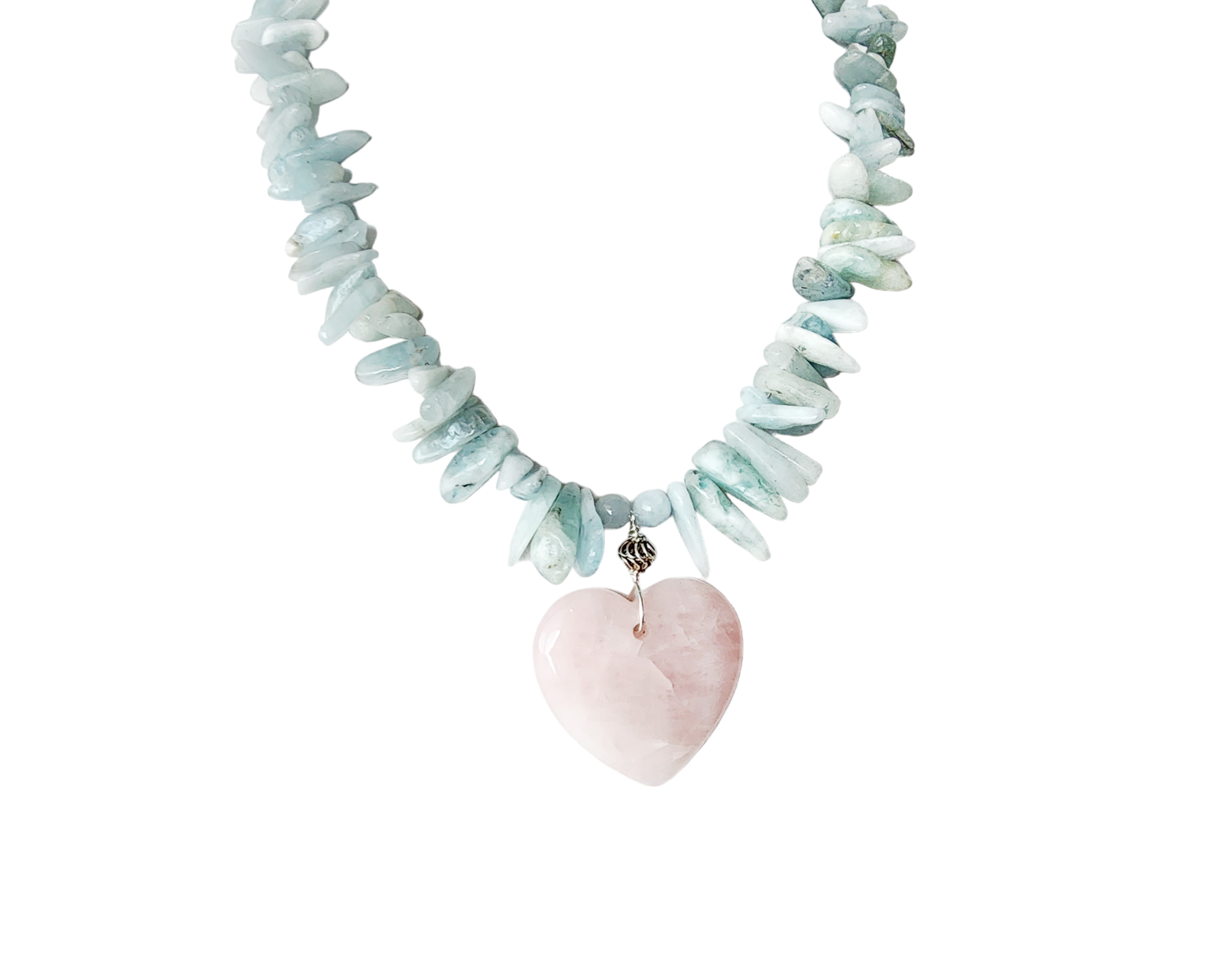 Aquamarine Beaded Necklace with large pale pink Rose Quarts Heart Pendant