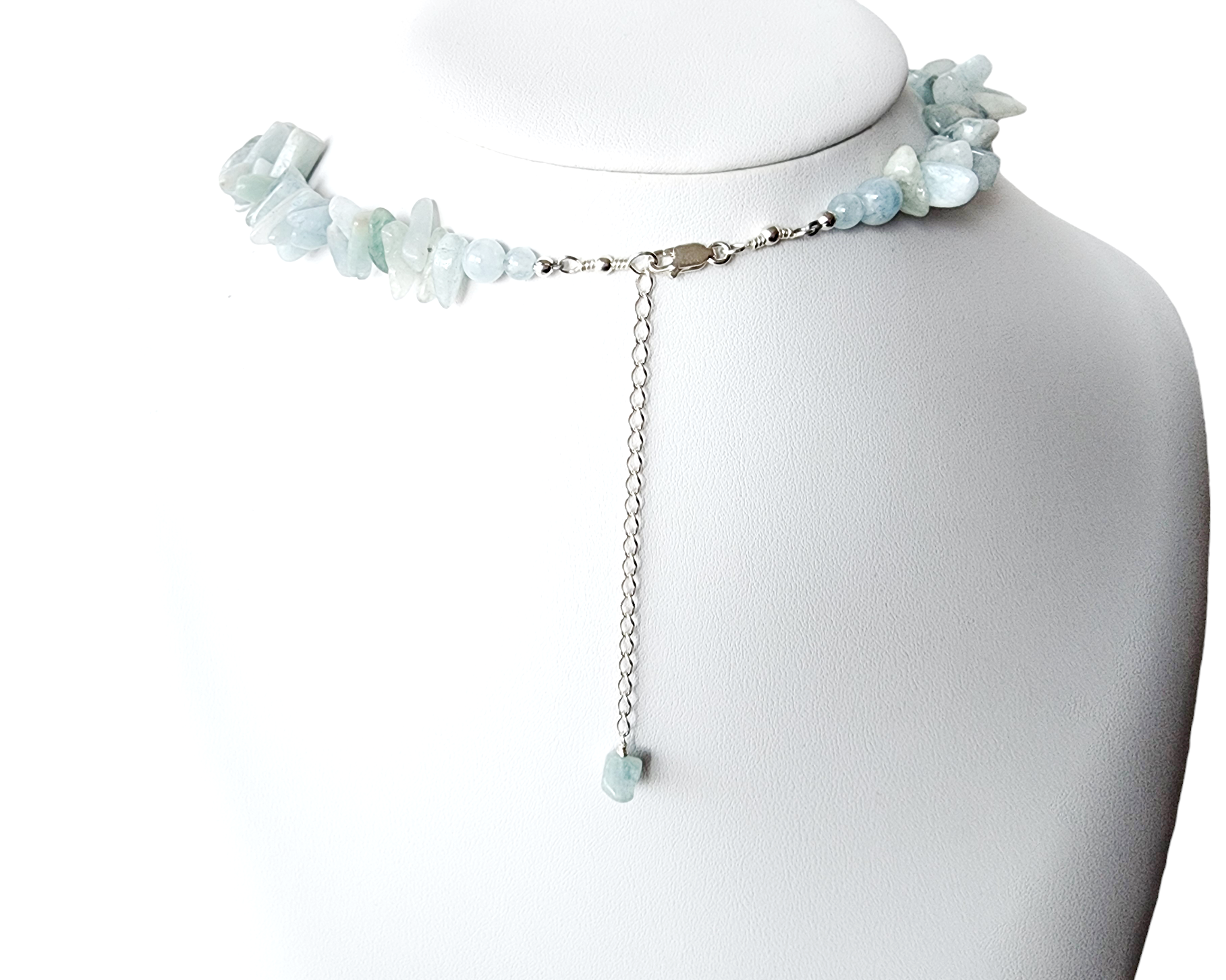 Aquamarine Beaded Necklace with large pale pink Rose Quarts Heart Pendant