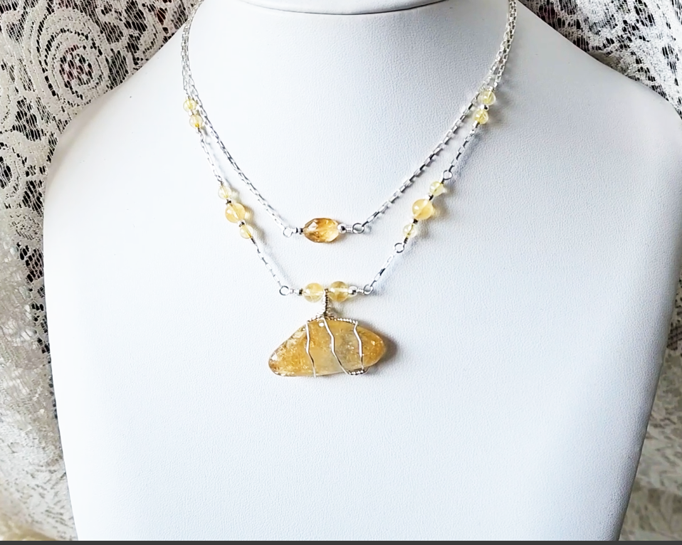 Double Strand Sterling Silver chain and yellow Citrine Gemstone necklace with large pendant on white display  