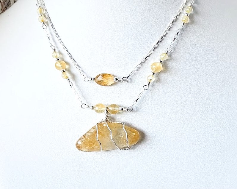 Double Strand Sterling Silver chain and yellow Citrine Gemstone necklace with large pendant on white display  