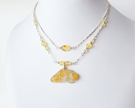Double Strand Sterling Silver chain and yellow Citrine Gemstone necklace with large pendant on white display  