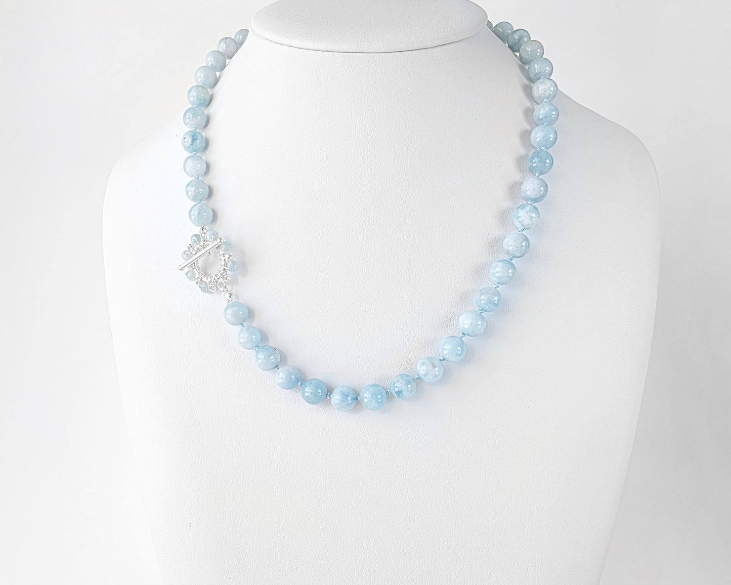 Pale Blue Aquamarine hand knotted Statement Necklace with large decorative wire wrapped Toggle Clasp 
