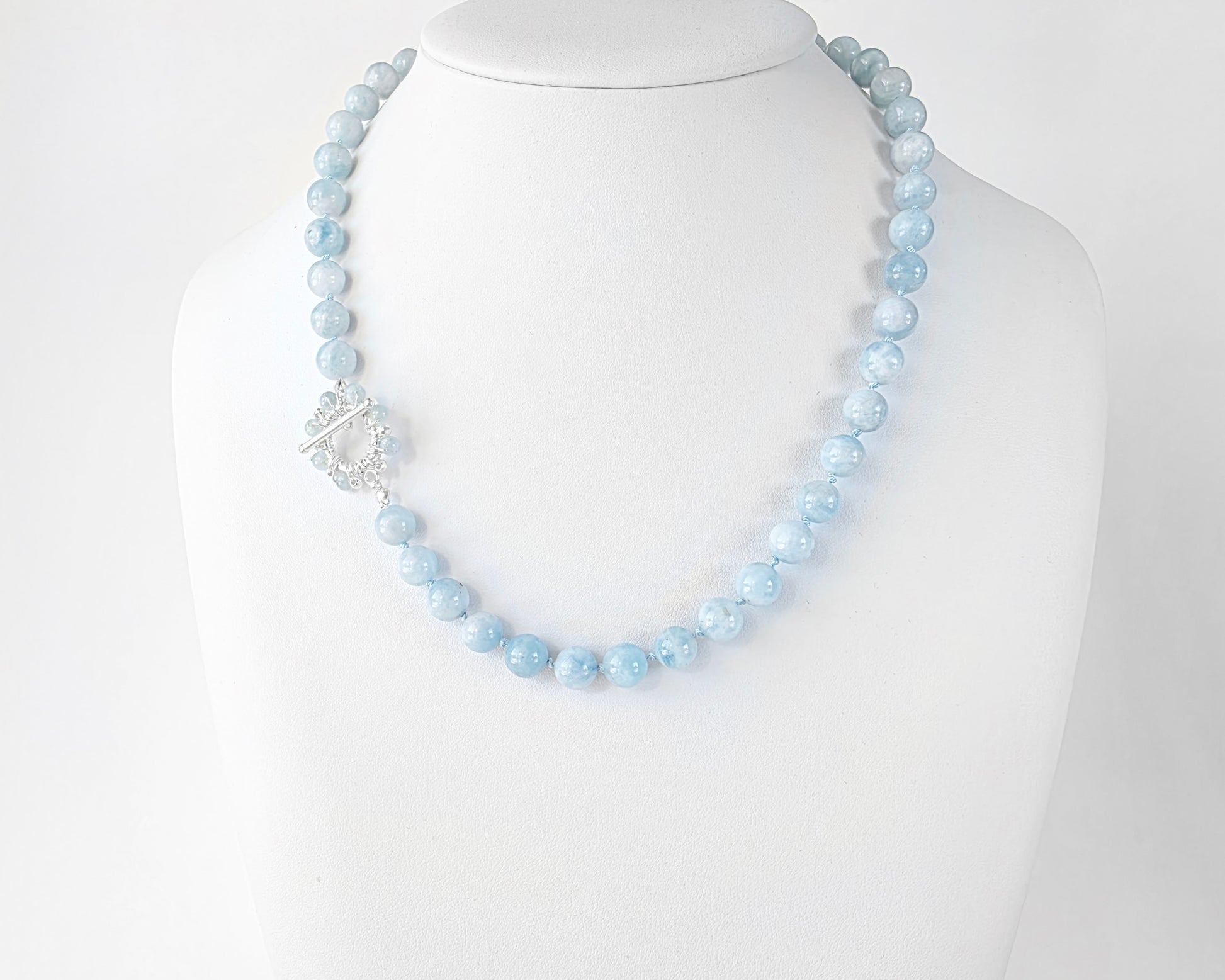 Pale Blue Aquamarine hand knotted Statement Necklace with large decorative wire wrapped Toggle Clasp 
