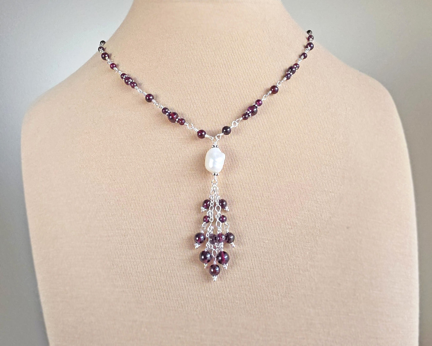 Regal Garnet and Baroque Pearl Tassel Necklace
