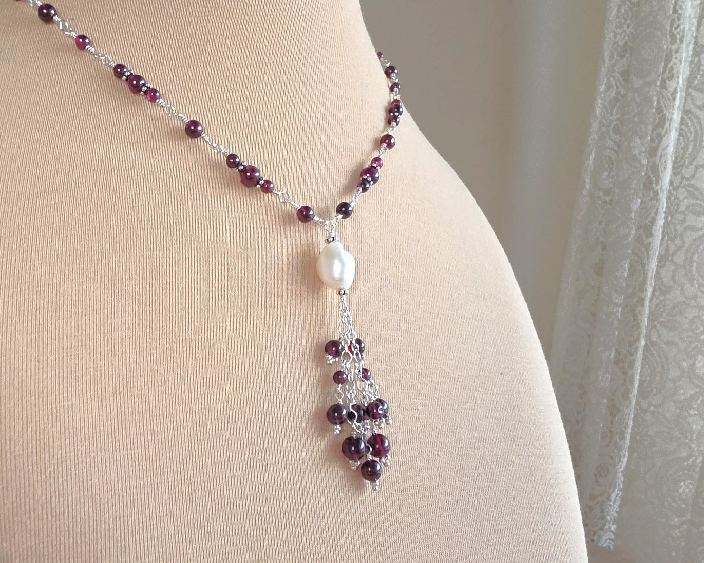 Regal Garnet and Baroque Pearl Tassel Necklace