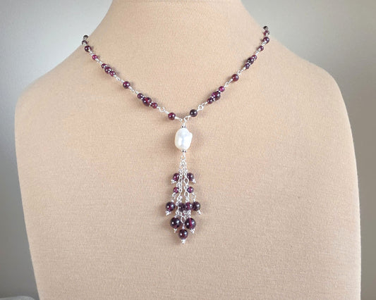 Regal Garnet and Baroque Pearl Tassel Necklace