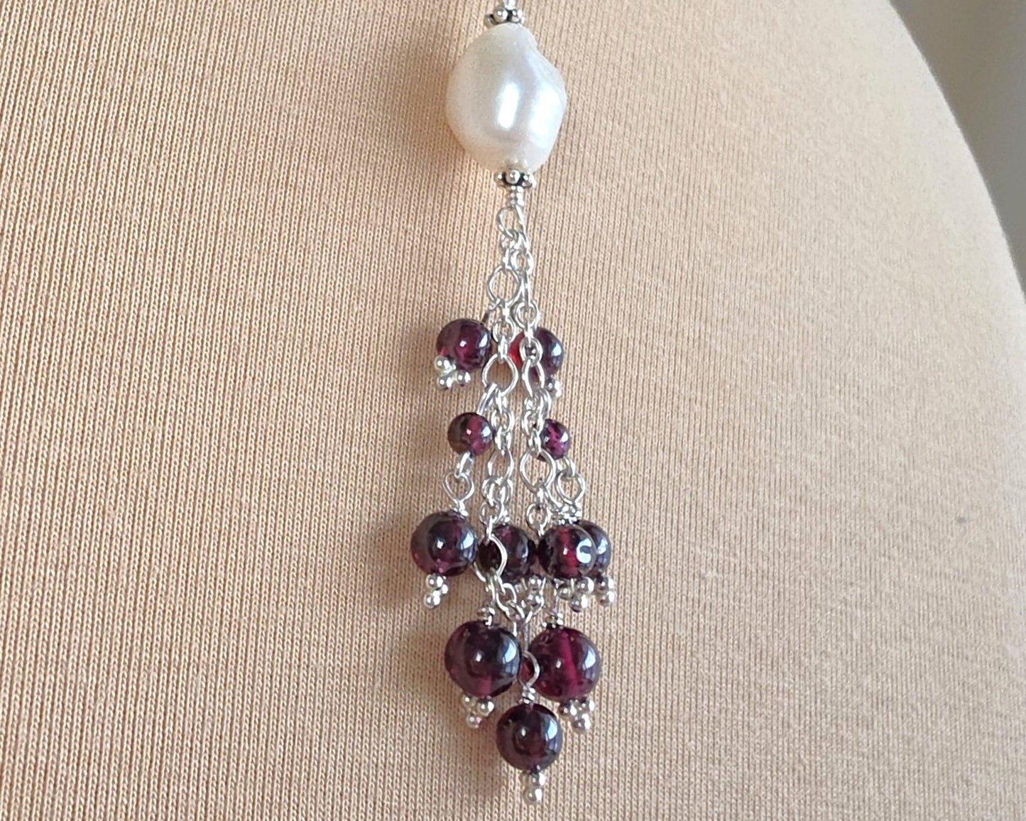 Regal Garnet and Baroque Pearl Tassel Necklace