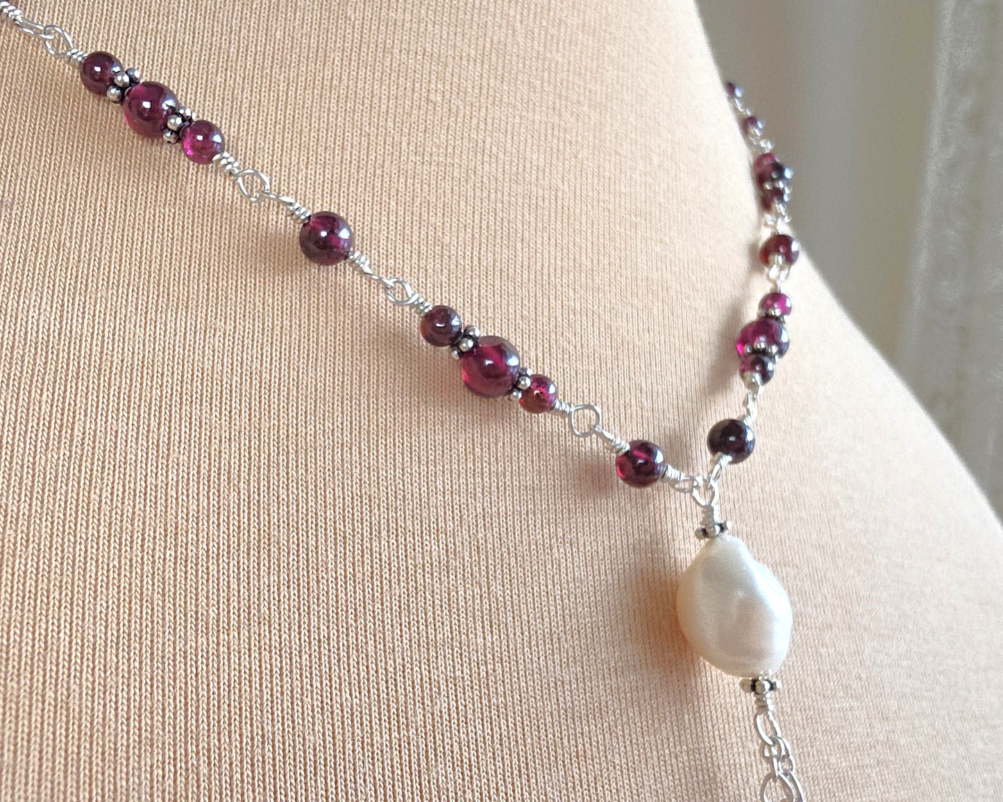 Regal Garnet and Baroque Pearl Tassel Necklace