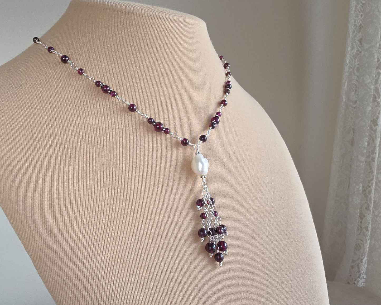 Regal Garnet and Baroque Pearl Tassel Necklace