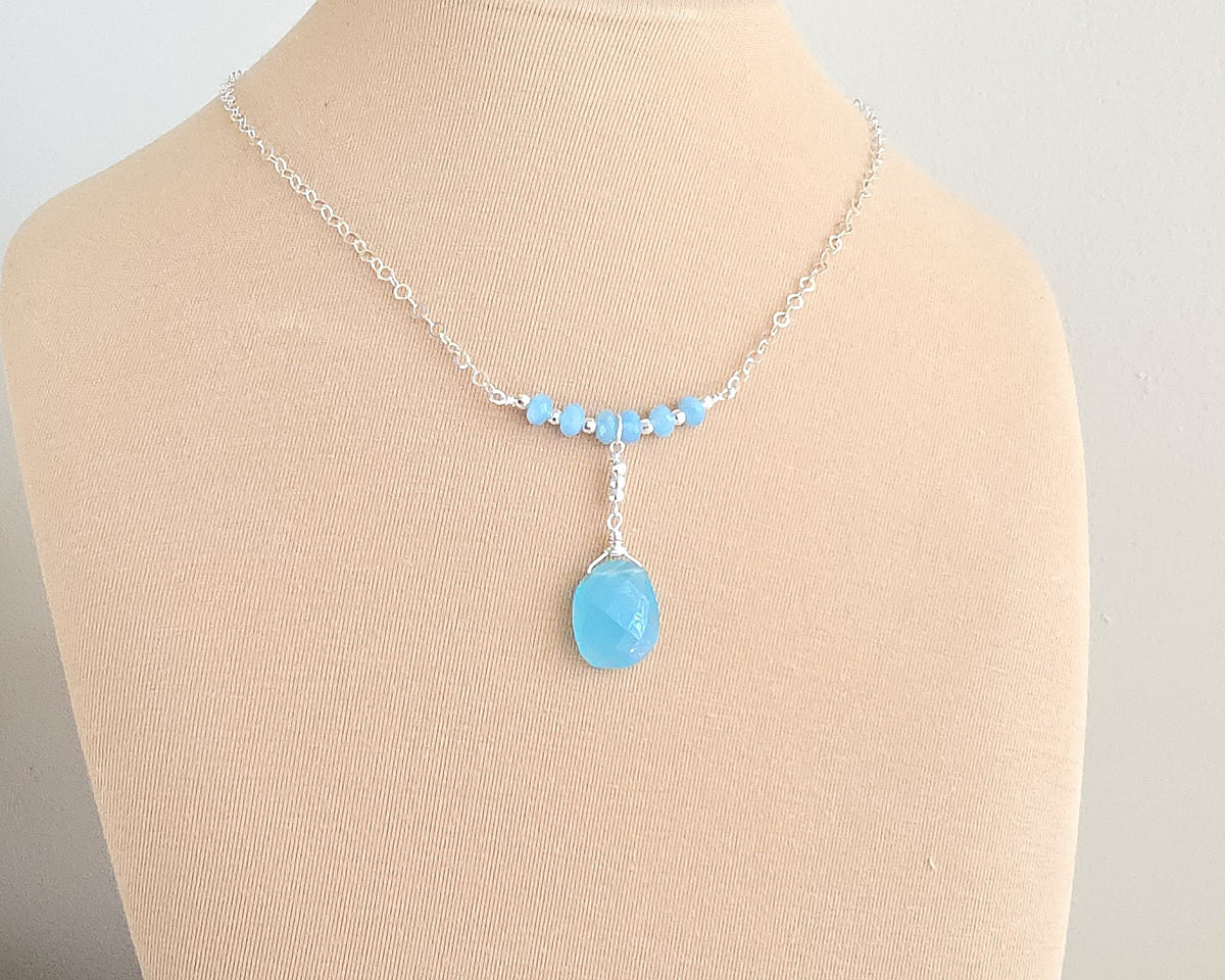 Art Deco Style Blue Chalcedony & Quartz Necklace