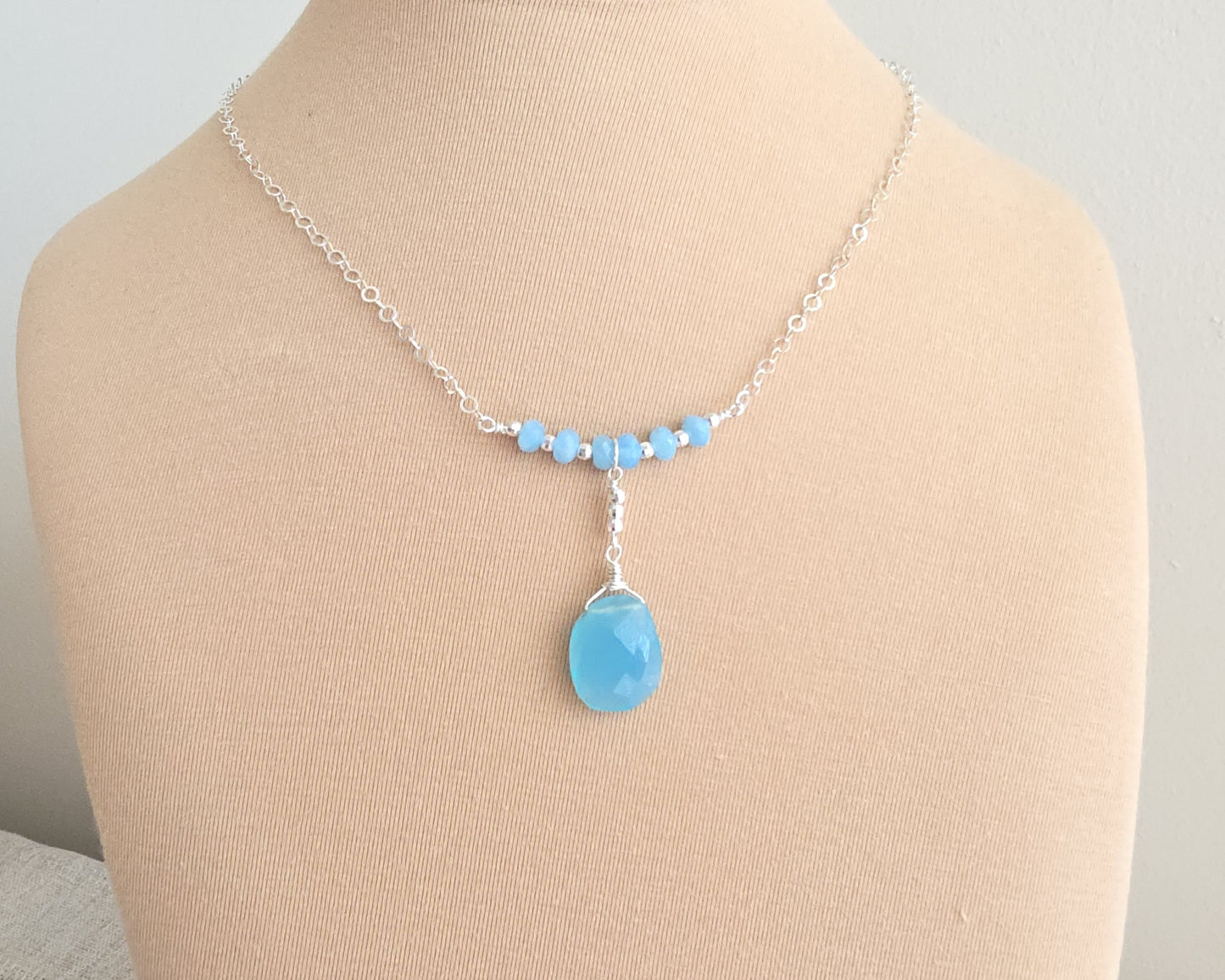Art Deco Style Blue Chalcedony & Quartz Necklace