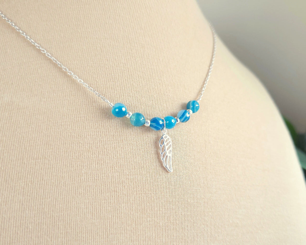 Sterling Silver Wing Blue Banded Agate Necklace