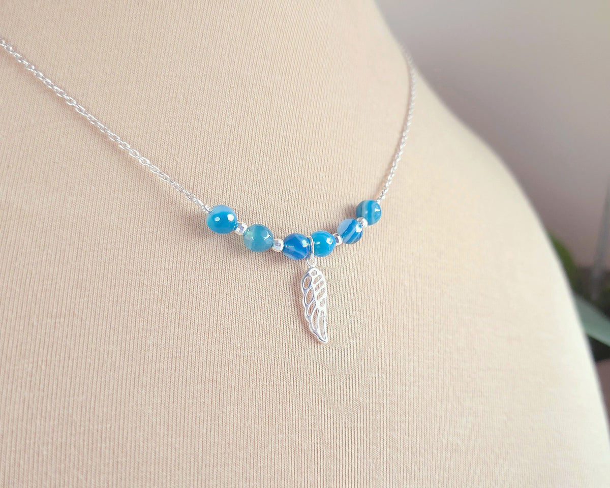 Sterling Silver Wing Blue Banded Agate Necklace