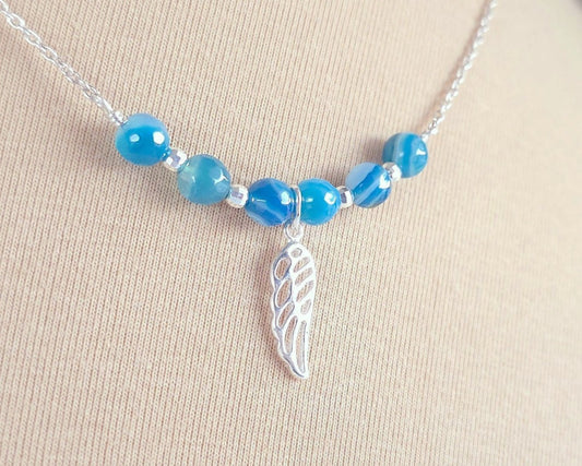 Sterling Silver Wing Blue Banded Agate Necklace