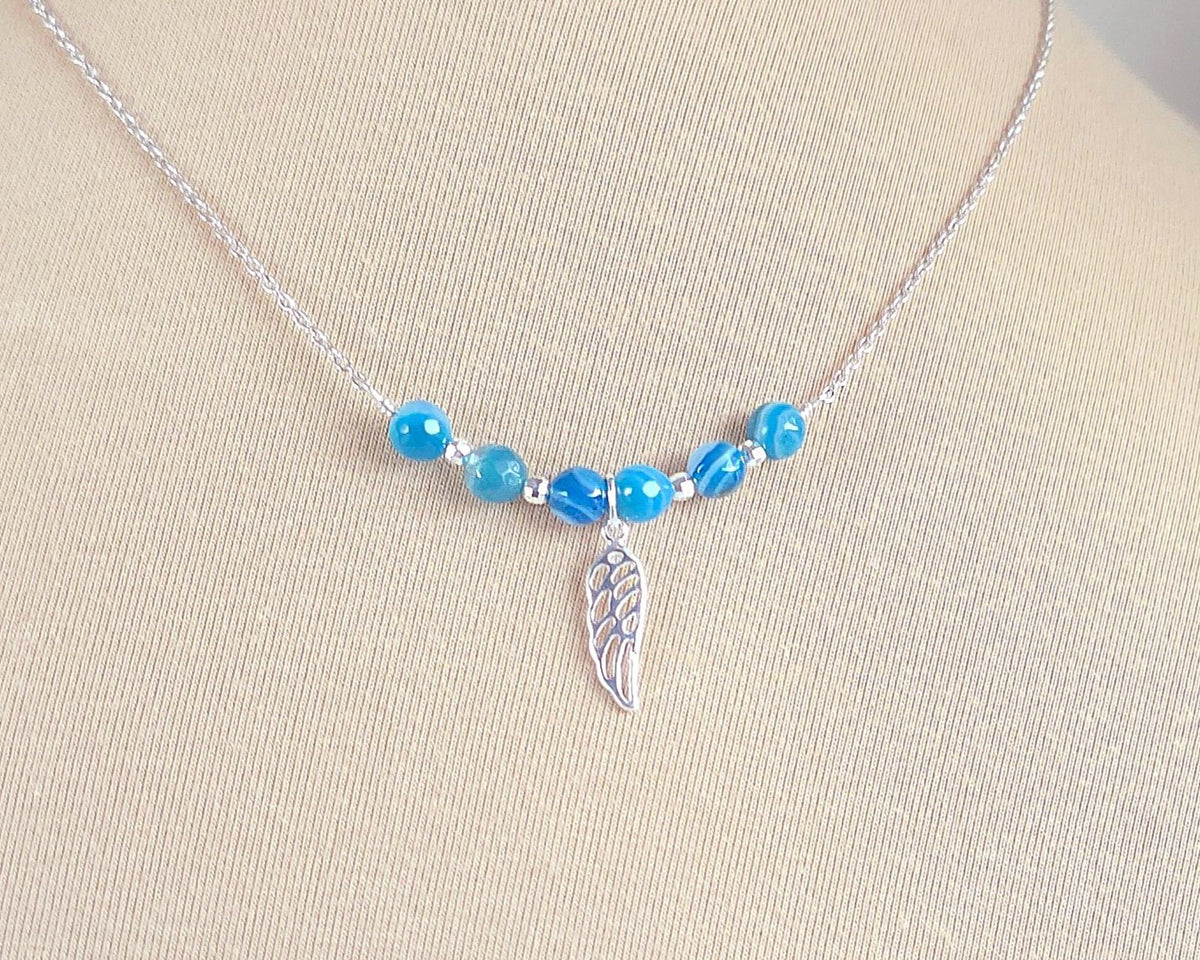 Sterling Silver Wing Blue Banded Agate Necklace