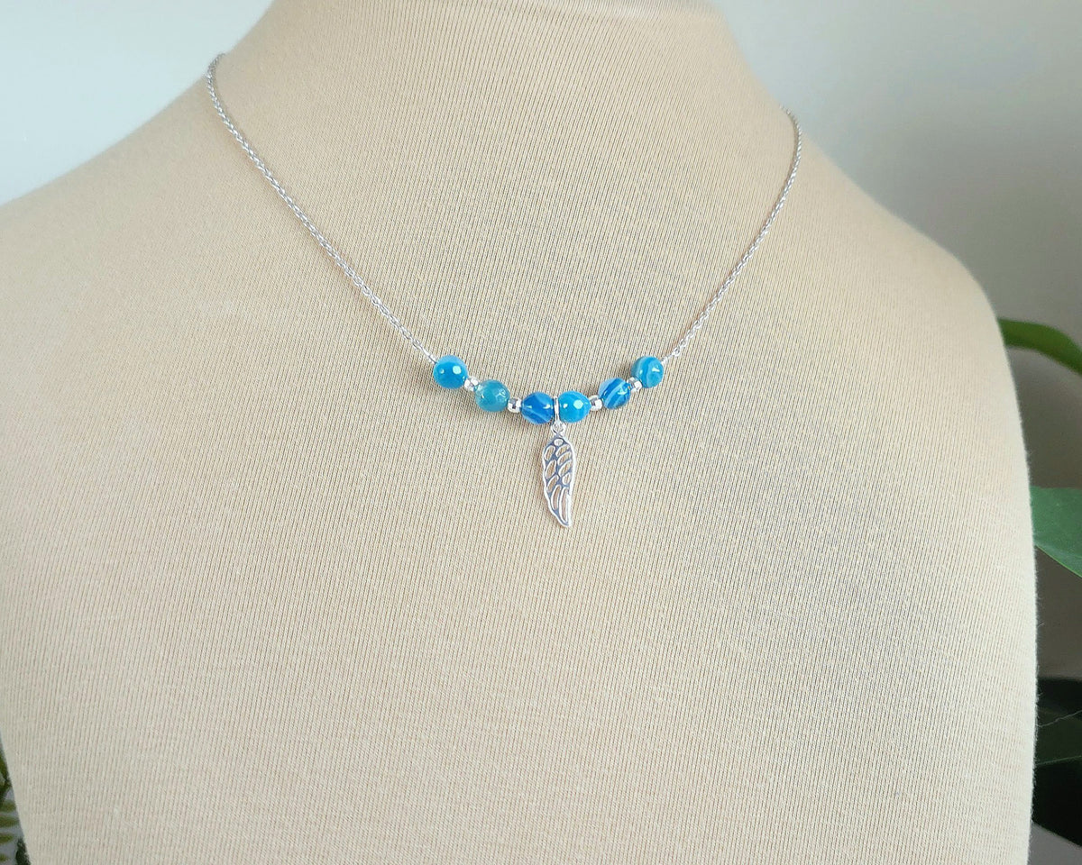 Sterling Silver Wing Blue Banded Agate Necklace