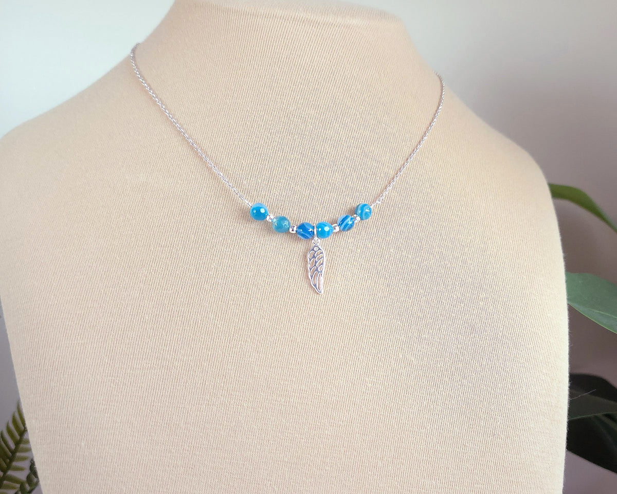 Sterling Silver Wing Blue Banded Agate Necklace