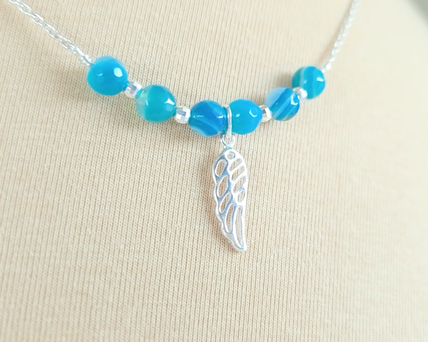 Sterling Silver Wing Blue Banded Agate Necklace