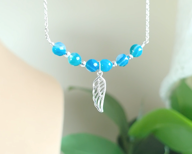 Sterling Silver Wing Blue Banded Agate Necklace