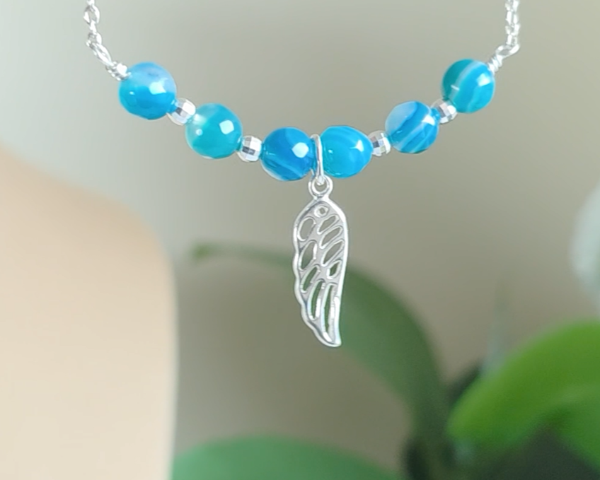 Sterling Silver Wing Blue Banded Agate Necklace