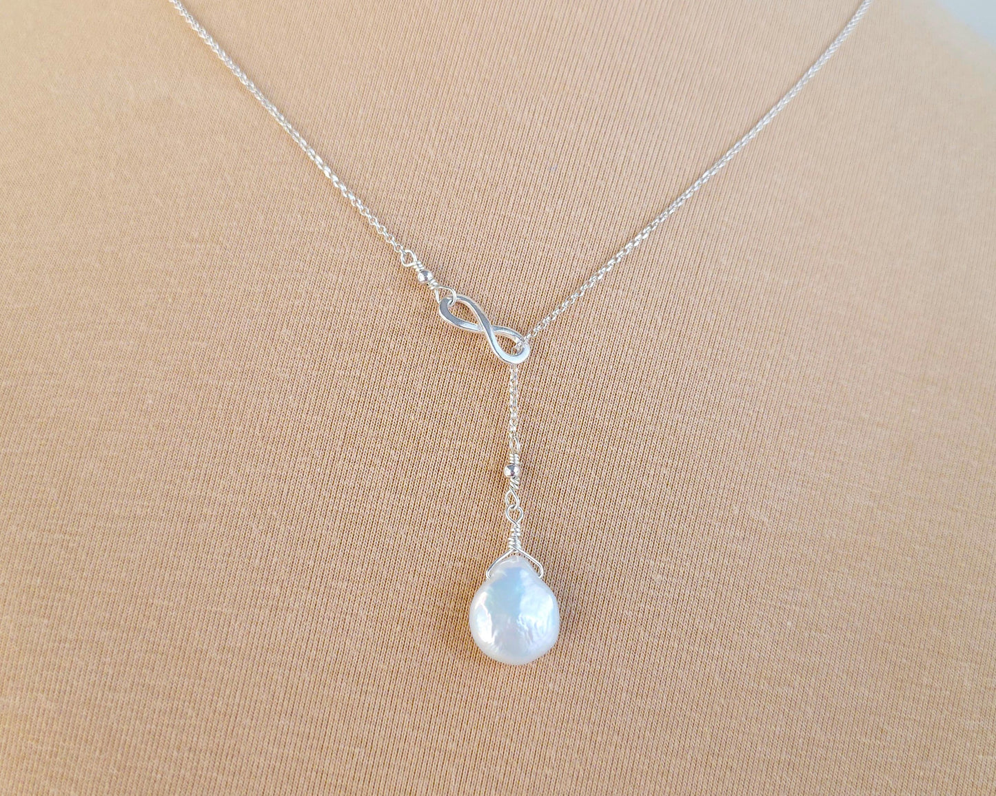 Large Pearl Drop Sterling Silver Infinity Lariat Necklace