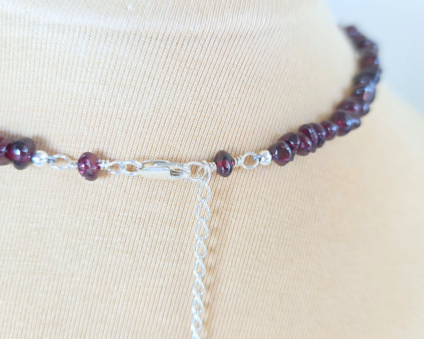 Deep Red stone beaded necklace back with lobster claw clasp and chain
