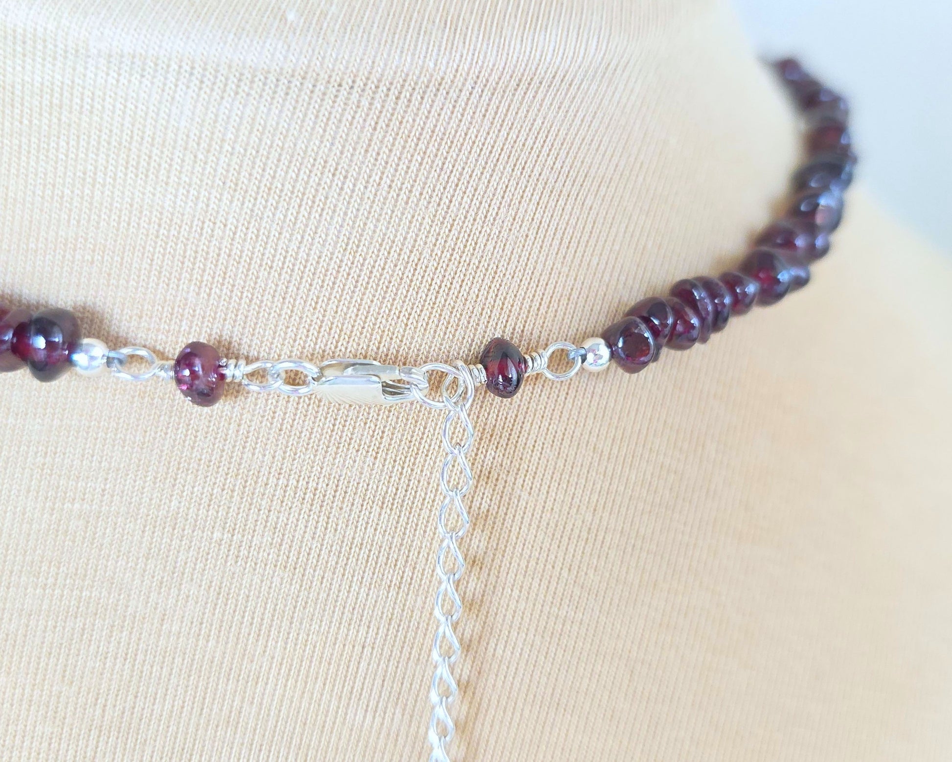 Deep Red stone beaded necklace back with lobster claw clasp and chain