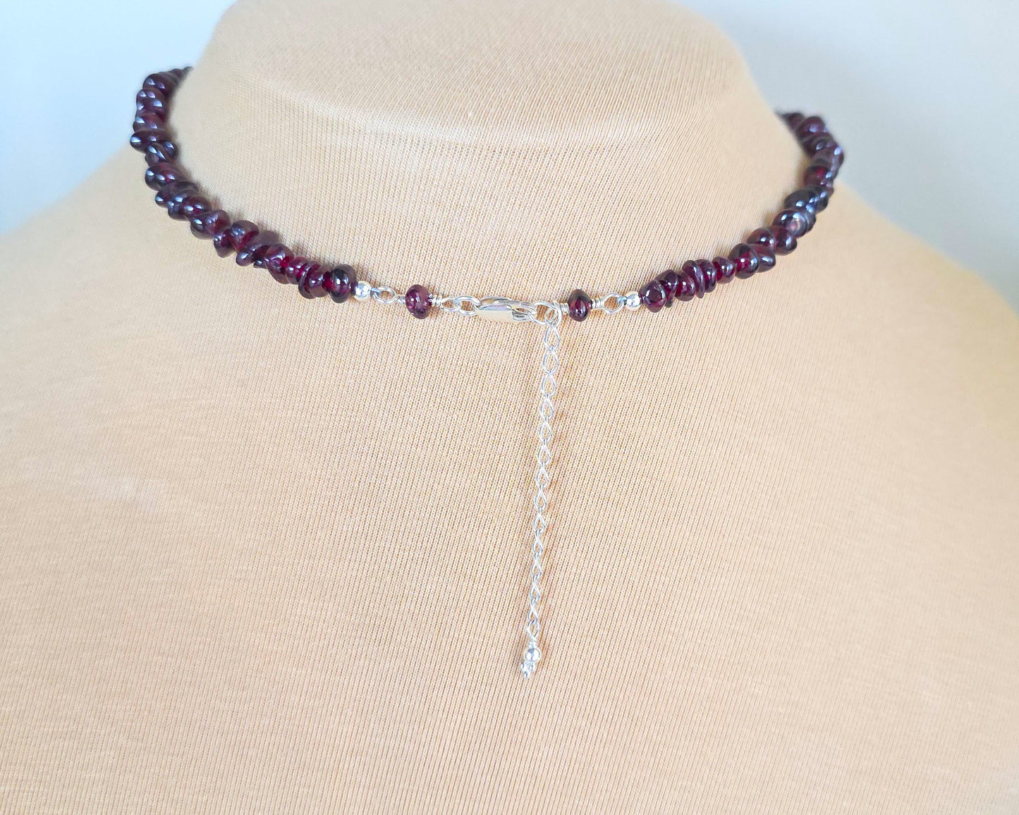 Deep Red stone beaded necklace back with lobster claw clasp and chain