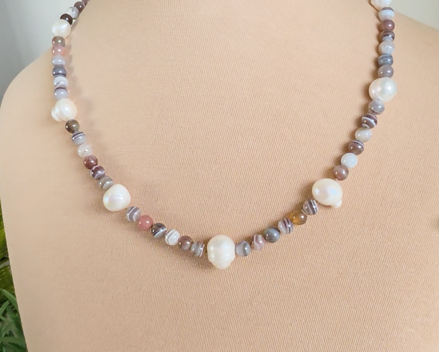 Botswana Agate Freshwater Cultured Pearl Beaded Strength Necklace