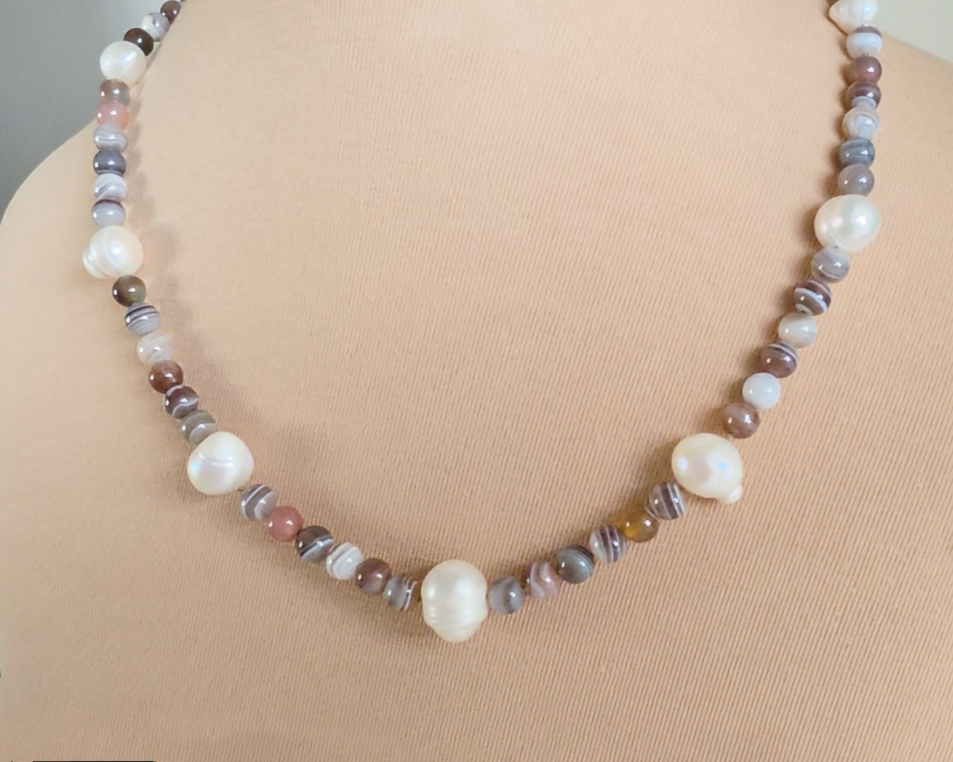 Botswana Agate Freshwater Cultured Pearl Beaded Strength Necklace