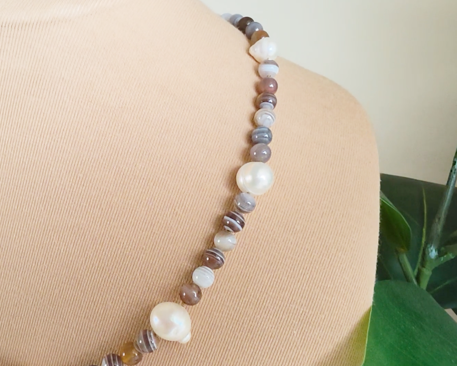 Botswana Agate Freshwater Cultured Pearl Beaded Strength Necklace