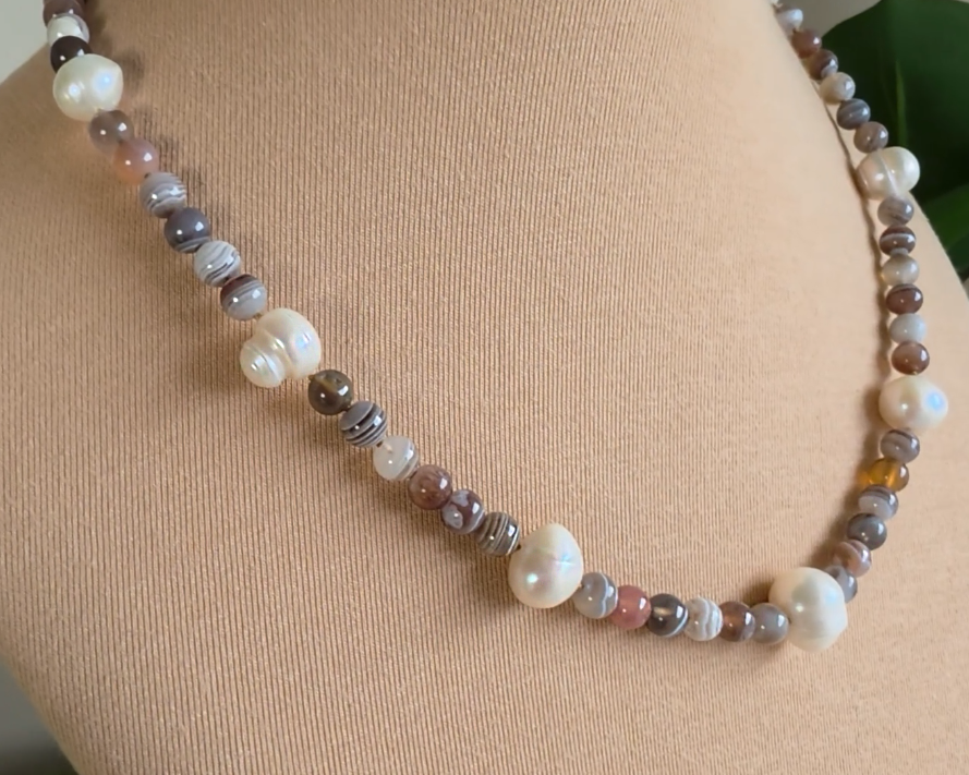 Botswana Agate Freshwater Cultured Pearl Beaded Strength Necklace