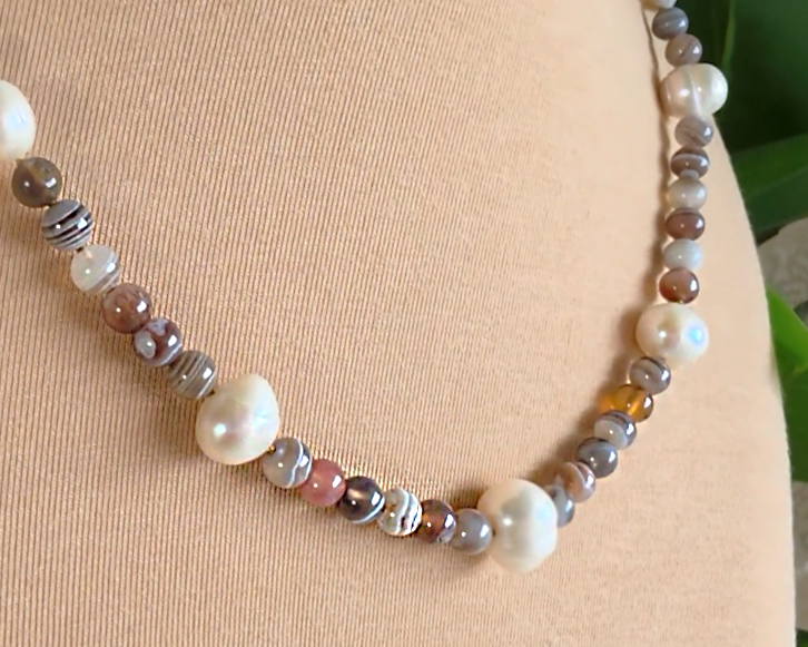 Botswana Agate Freshwater Cultured Pearl Beaded Strength Necklace