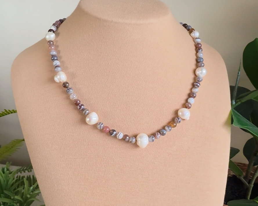 Botswana Agate Freshwater Cultured Pearl Beaded Strength Necklace