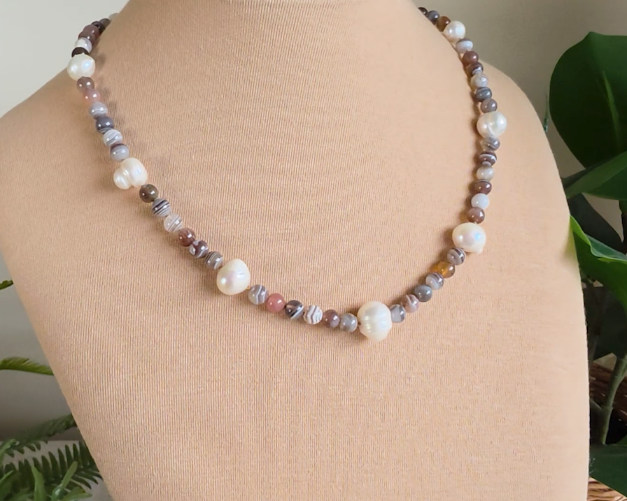Botswana Agate Freshwater Cultured Pearl Beaded Strength Necklace