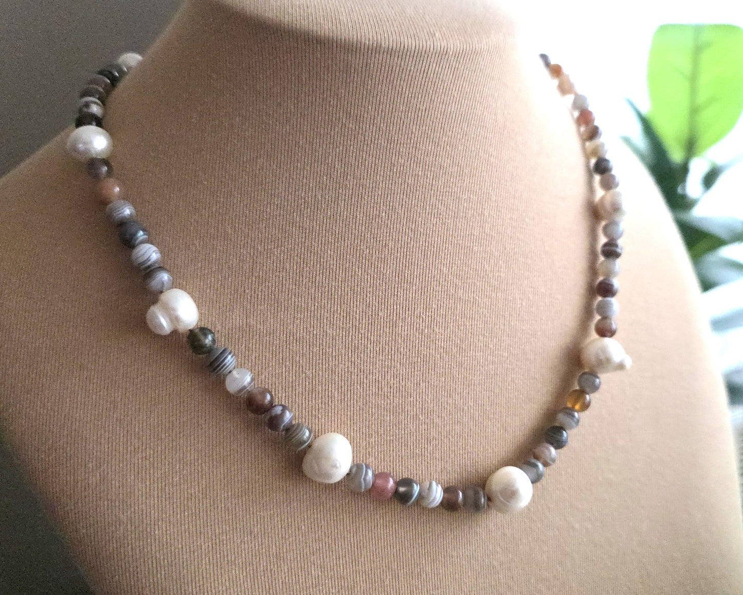 Botswana Agate Freshwater Cultured Pearl Beaded Strength Necklace
