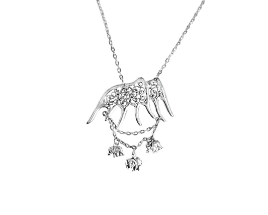 Silver tone Elephant Family Necklace, two adult elephants with baby elephants dangling below with siler chain.  
