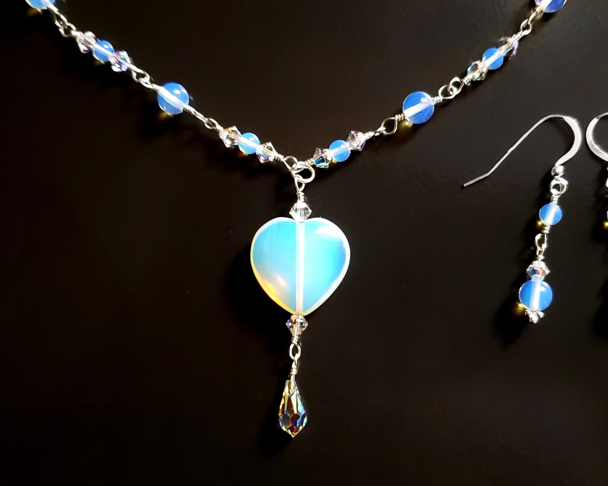 Art Deco Style Moon Glow Heart Necklace and Earring Set, Sterling Silver and Opalite Heart and beads with Crysal. A Y style necklace and dangle earring set