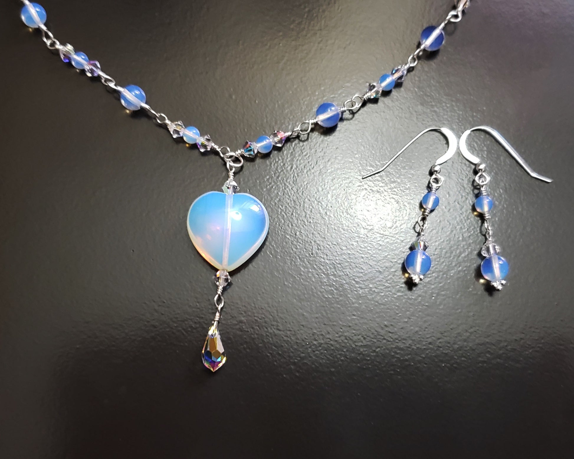 Art Deco Style Moon Glow Heart Necklace and Earring Set, Sterling Silver and Opalite Heart and beads with Crysal. A Y style necklace and dangle earring set