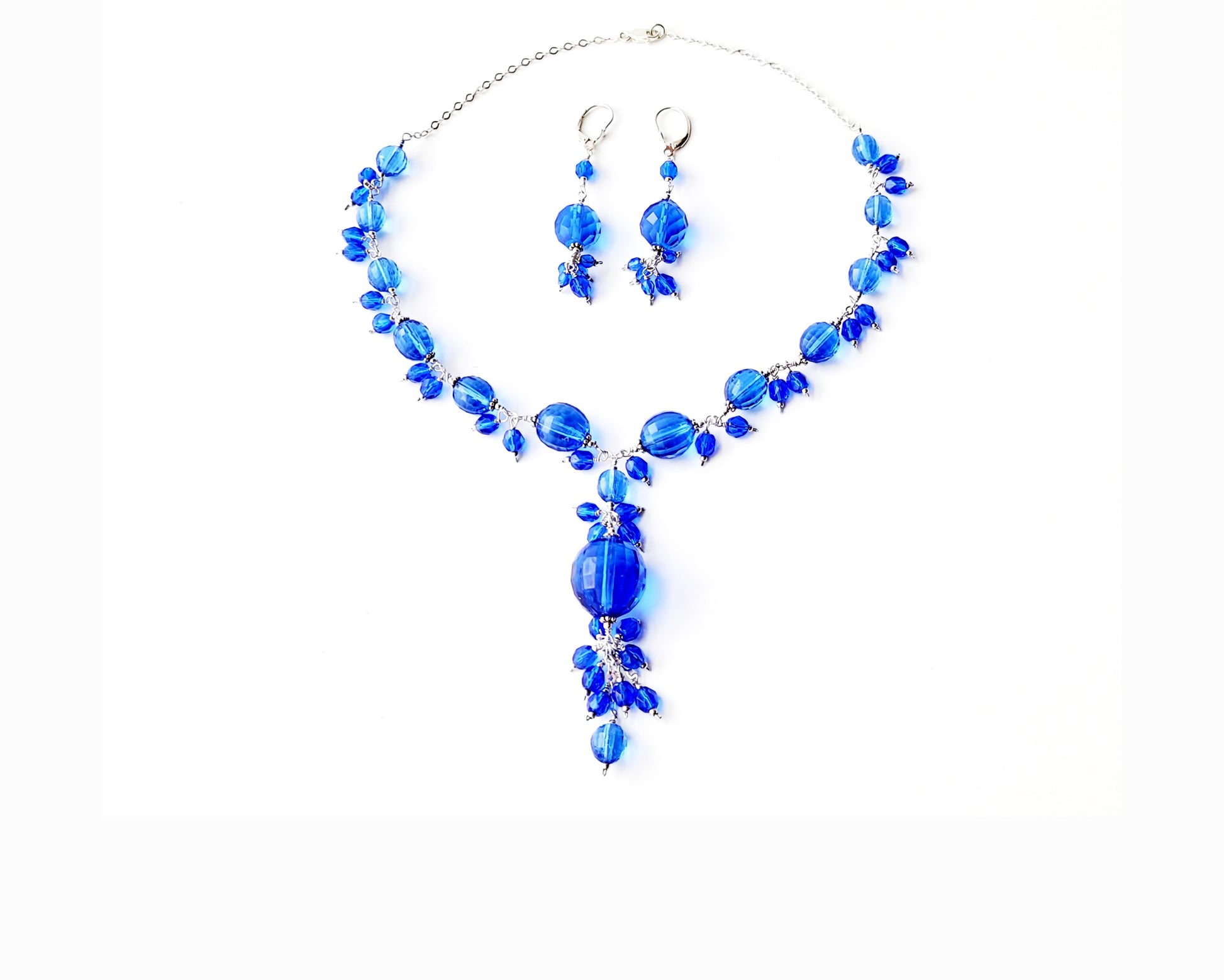 Twilight Blue Crystal Passion Necklace and Earring Set, Cluster Y Shape Blue Crystal Necklace and Long earrings, Sterling Silver