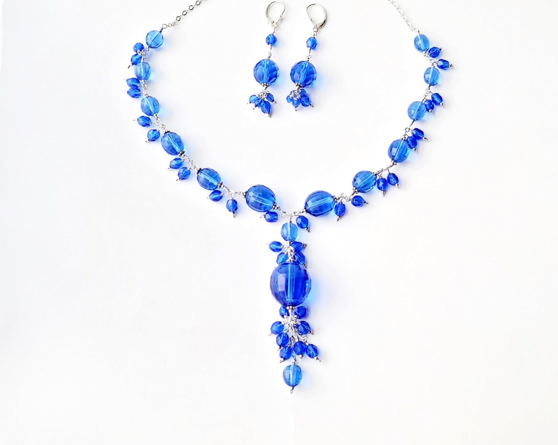 Twilight Blue Crystal Passion Necklace and Earring Set, Cluster Y Shape Blue Crystal Necklace and Long earrings, Sterling Silver