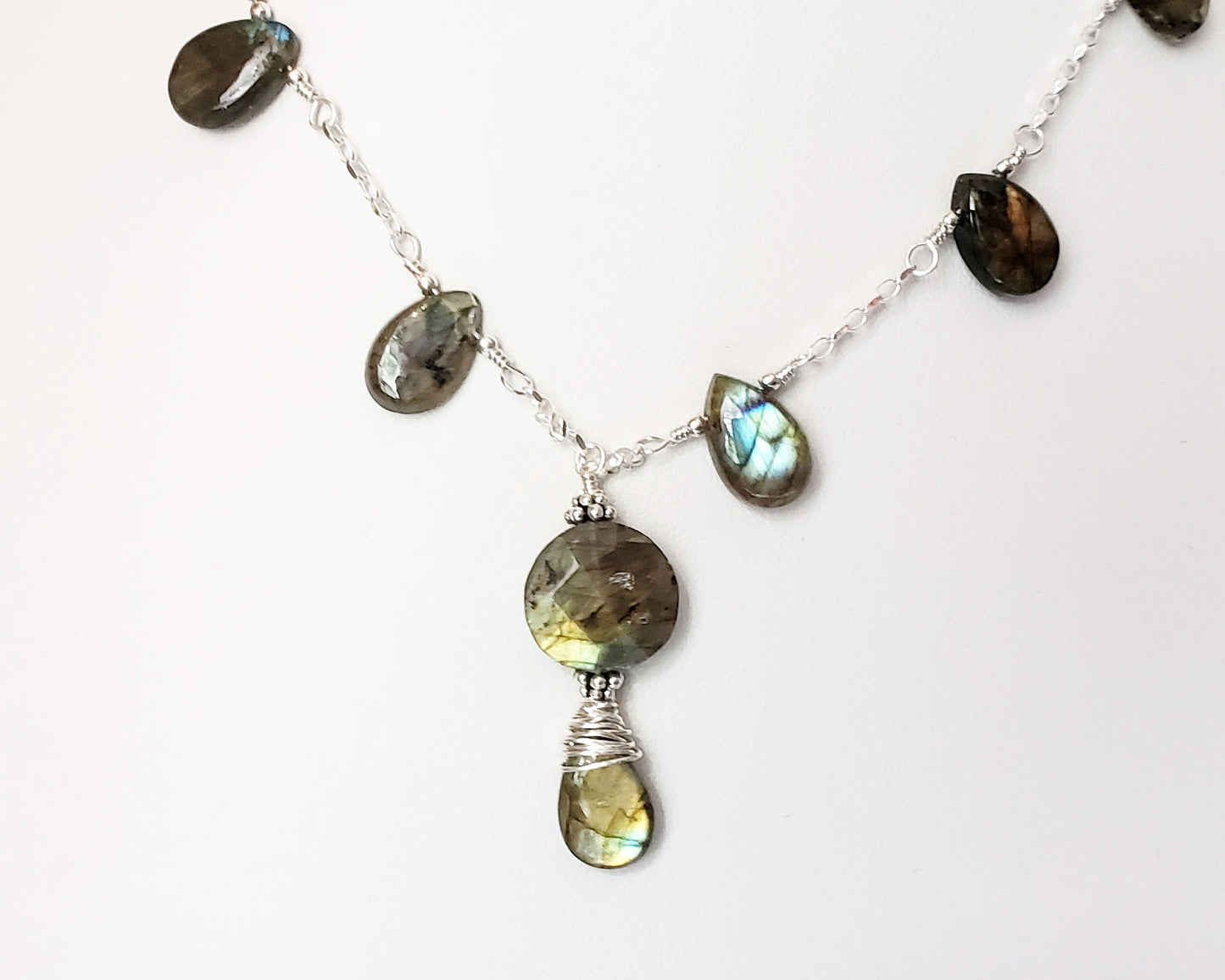 Light Dance Labradorite Necklace and Earring Set. Art Deco Style Sterling Silver Labradorite Necklace 