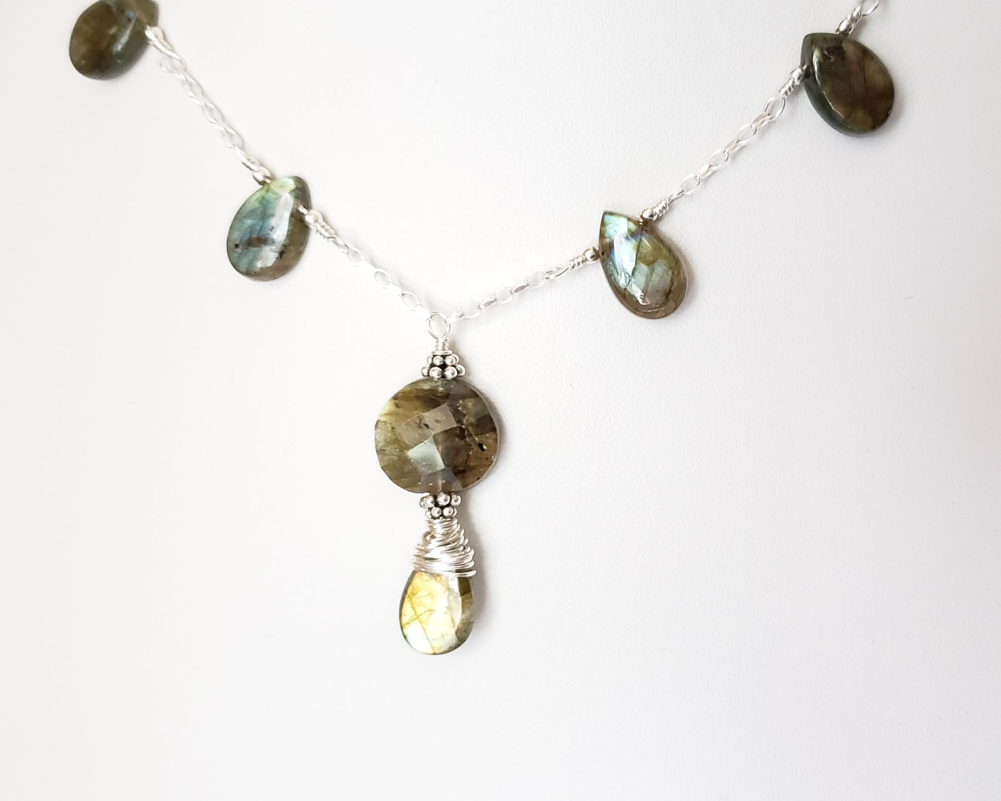 Light Dance Labradorite Necklace and Earring Set. Art Deco Style Sterling Silver Labradorite Necklace 