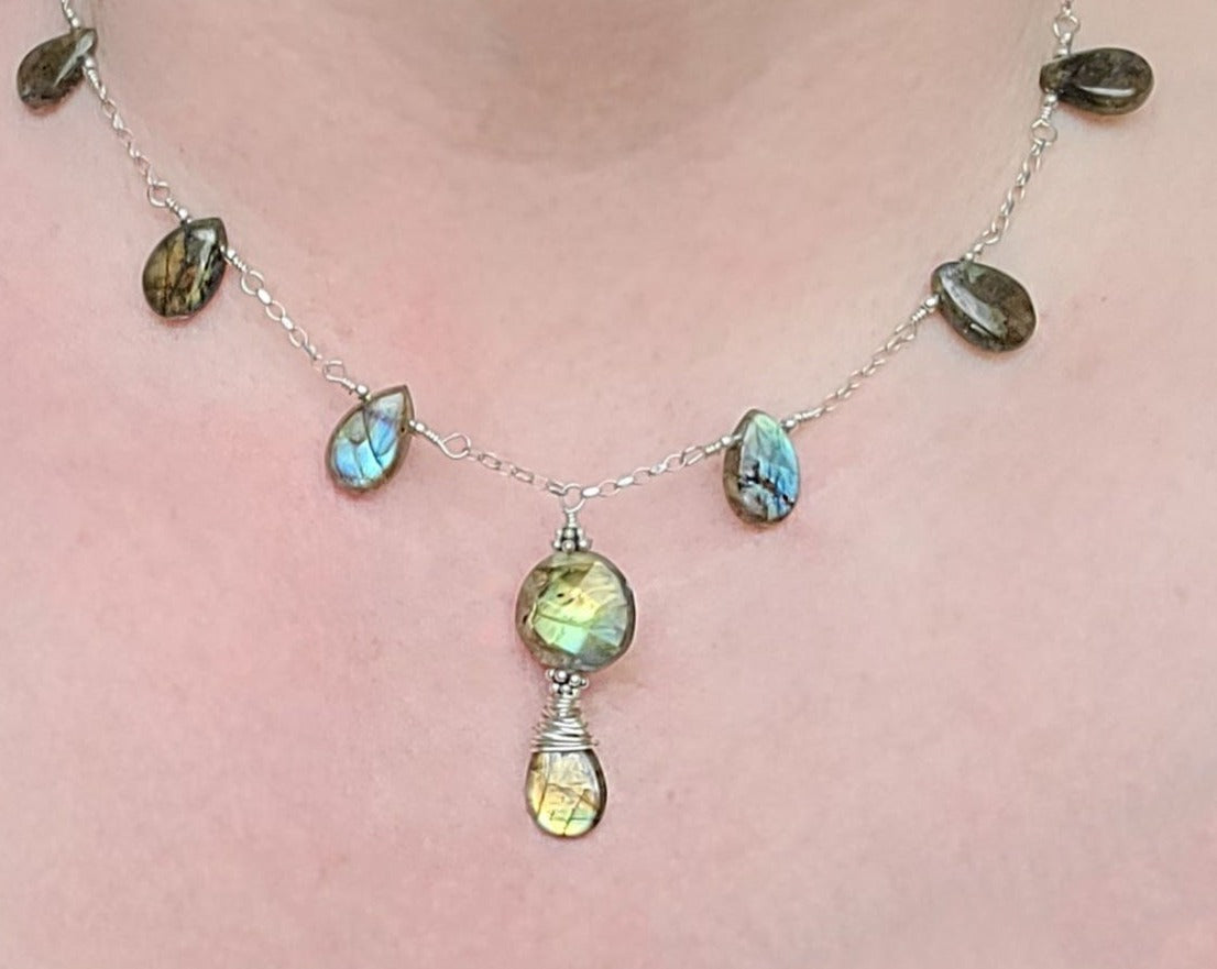 Light Dance Labradorite Necklace and Earring Set. Art Deco Style Sterling Silver Labradorite Necklace 