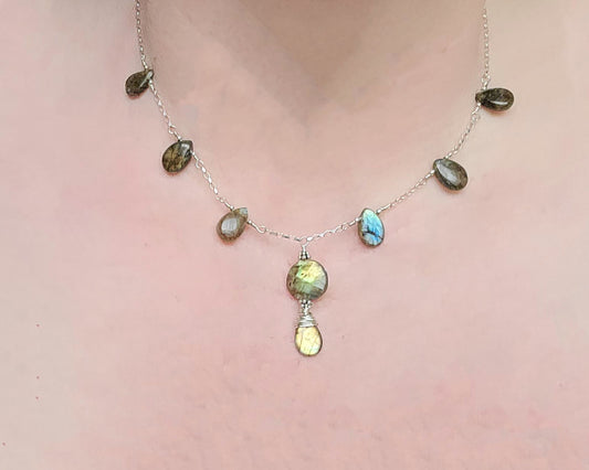 Light Dance Labradorite Necklace and Earring Set. Art Deco Style Sterling Silver Labradorite Necklace 