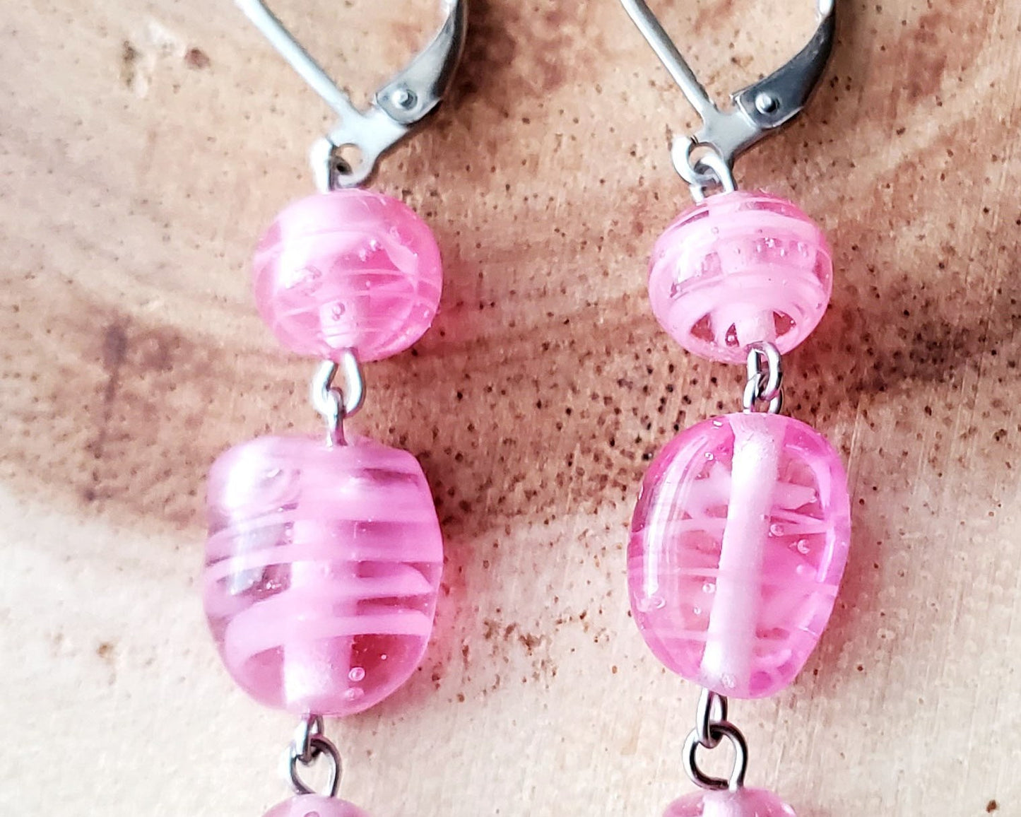 Long Vintage Rose Pink Swirl Glass Dangle Earrings
